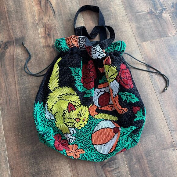 Vintage 70s Beaded Neon Cat Kitten Shoulder Bag Purse Satchel Retro Drawstring - Picture 3 of 11